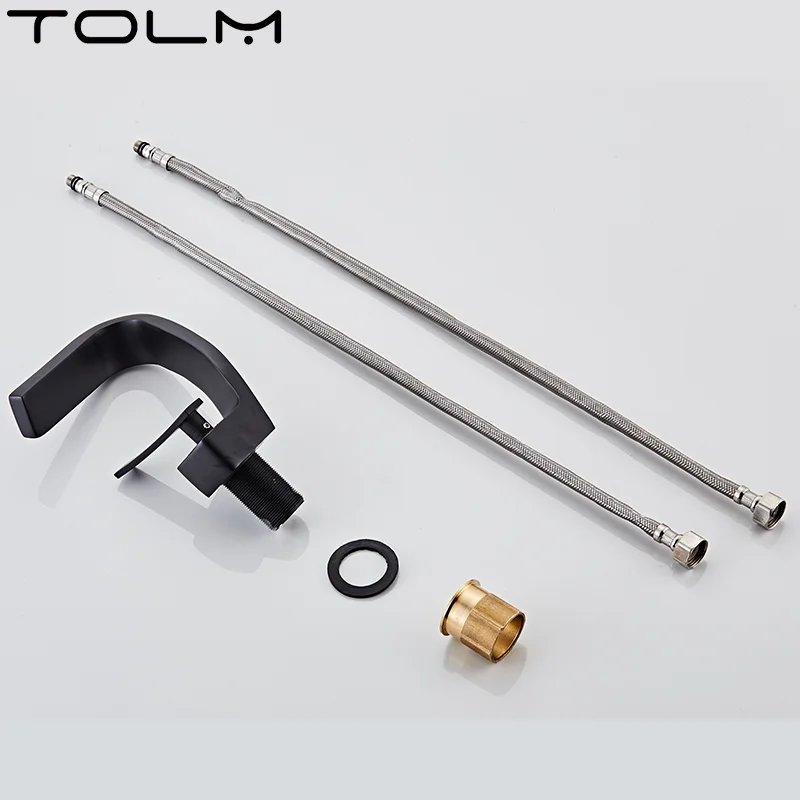 TOLM Brass Black Gold Basin Faucet Bathroom Sink Faucets Hot Cold Water Mixer Crane Deck Mounted Single Handle Hole Bath Kitchen — view 5