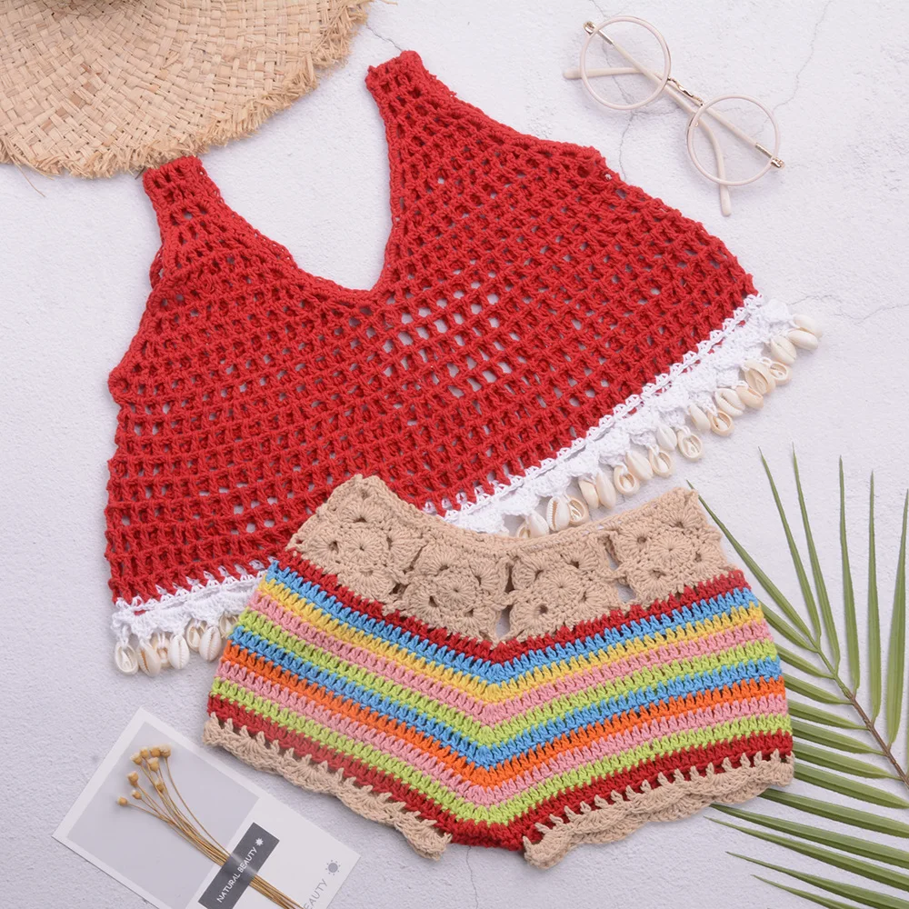 Hot Sale Fashion Hand-woven Beach Kids Small Tank Tank Swimsuit Set Colorful Shorts Split Swimsuit