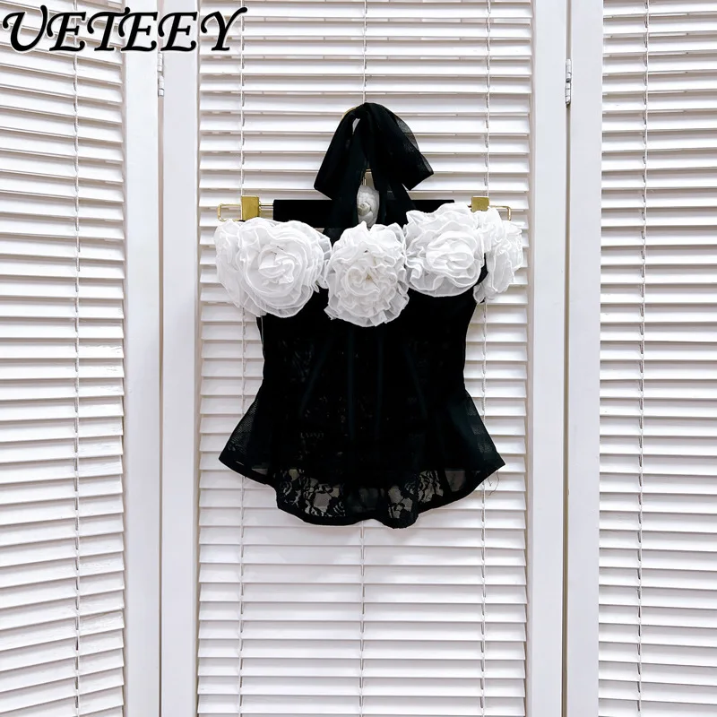 

2024 Summer New Black White Contrast Color Three-Dimensional Big Flower Fishbone Mesh Cinched Vest Women's French Strap Tube Top