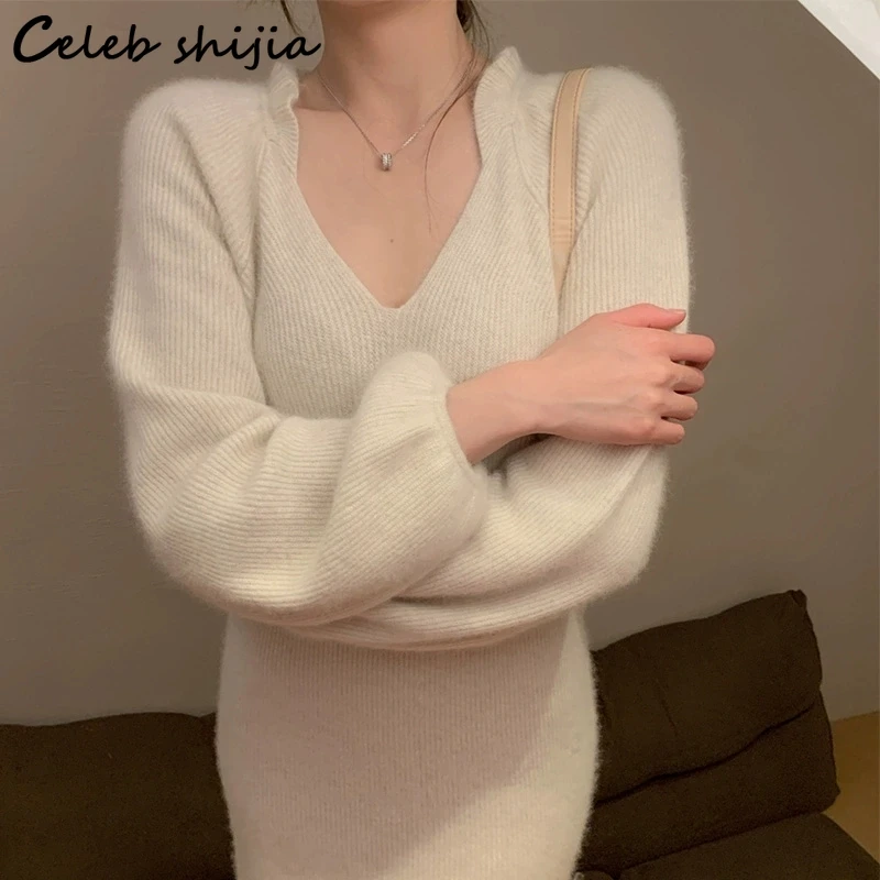 

New Cashmere Long Dress Woman Fall 2023 Lantern Sleeve High Waisted Knitted Dress Vestido Korean Street Winter Wool Clothing