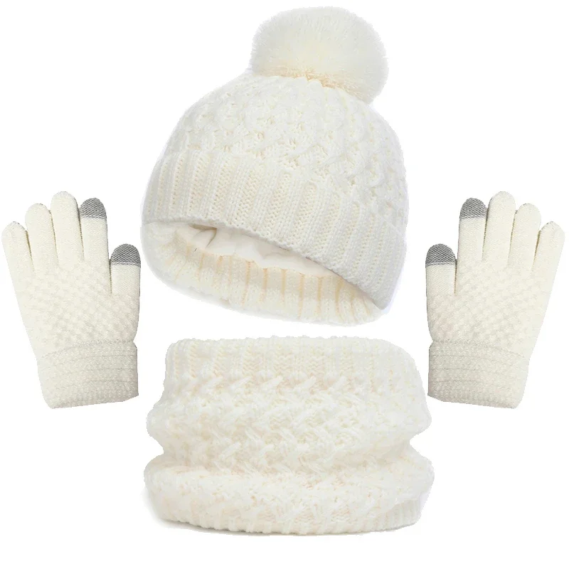 Childrens Hat Scarf Gloves Set Winter Boys Girls Plush Thick Knit Hat with Pompom Outdoor Cold-proof Cap Scarves Neck Kids Gift