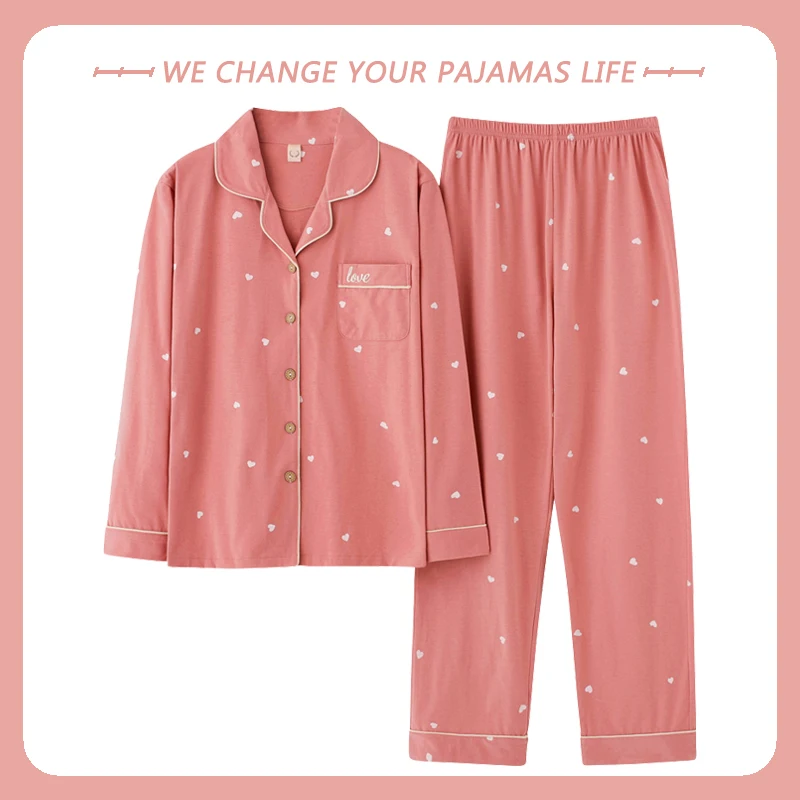 

Autumn Cotton Pajamas Set For Women Long Sleep Tops Full Length Pant Female Sleepwear Suit Cardigan Korean Fashion Pijamas pyjam
