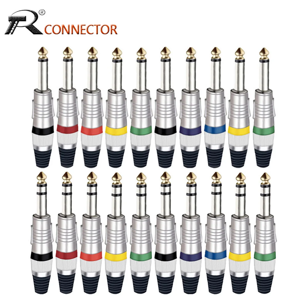 Jacks para 6.5 mm Mono Microfone Estéreo Macho Plug Cores Niquelado Conectores de Fio 10 Peças 6.35 mm