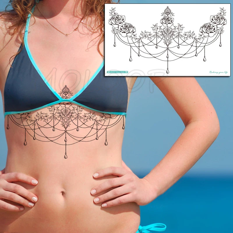 

Temporary Chest Tattoo Sticker Rose Flower Necklace Diamond Element Fake Tatoo Flash Tatto Waterproof for Women Men Body Art