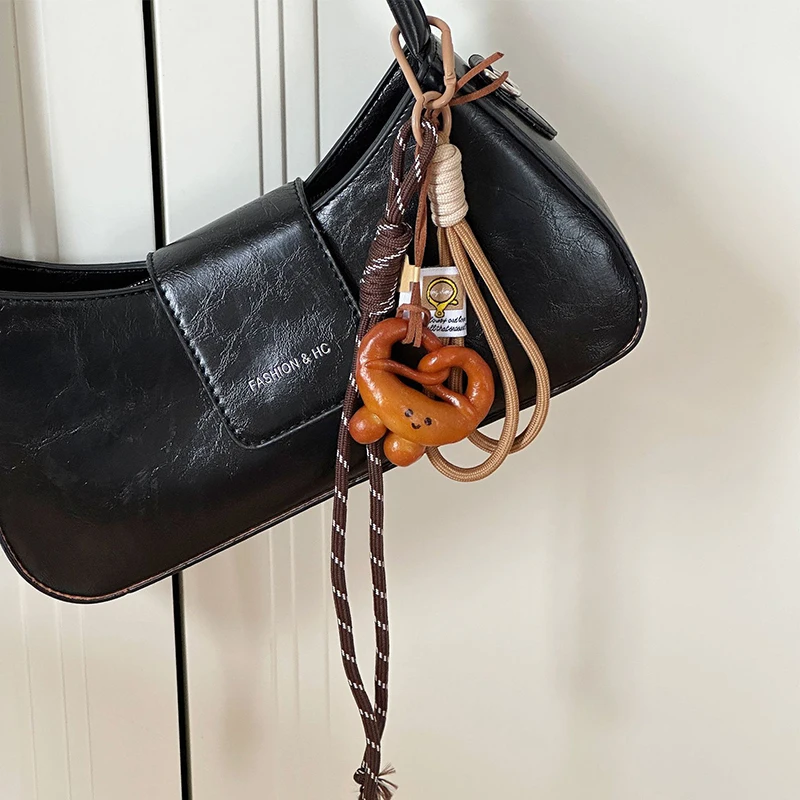 Alkali Water Bread Bagel Keychain Cute Smiling Face Bread Woven Rope Pendant Bag Key Car Accessory Handmade Trendy Keyring