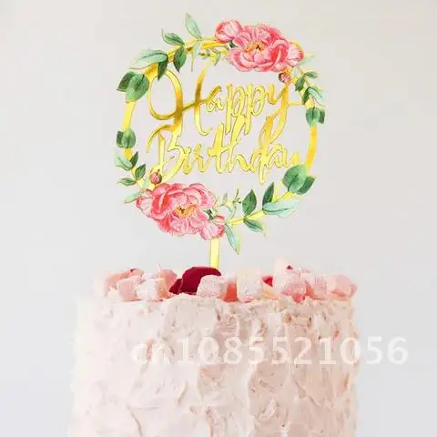 

Fowers Happy Birthday Cake Topper Golden Acrylic Birthday Party Dessert Cake Decoration for Girl Baby Shower Baking Supplies