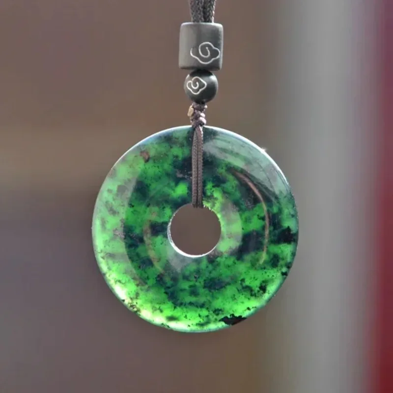 Natural Black Green Jade Doughnut Pendant Necklace Hetian Stone
