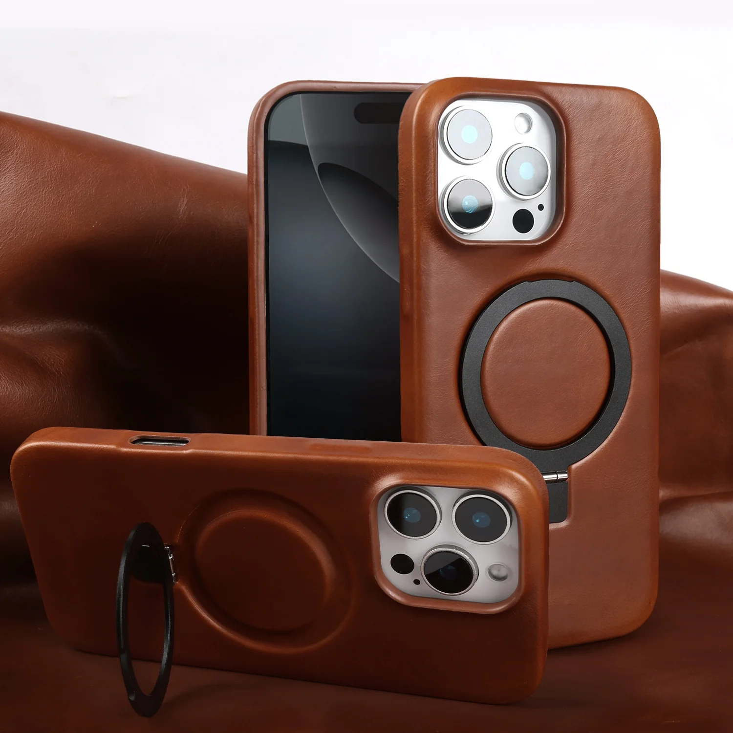 Premium Genuine Leather Stand Case with Magnetic Holder - Full Coverage Phone Cover
