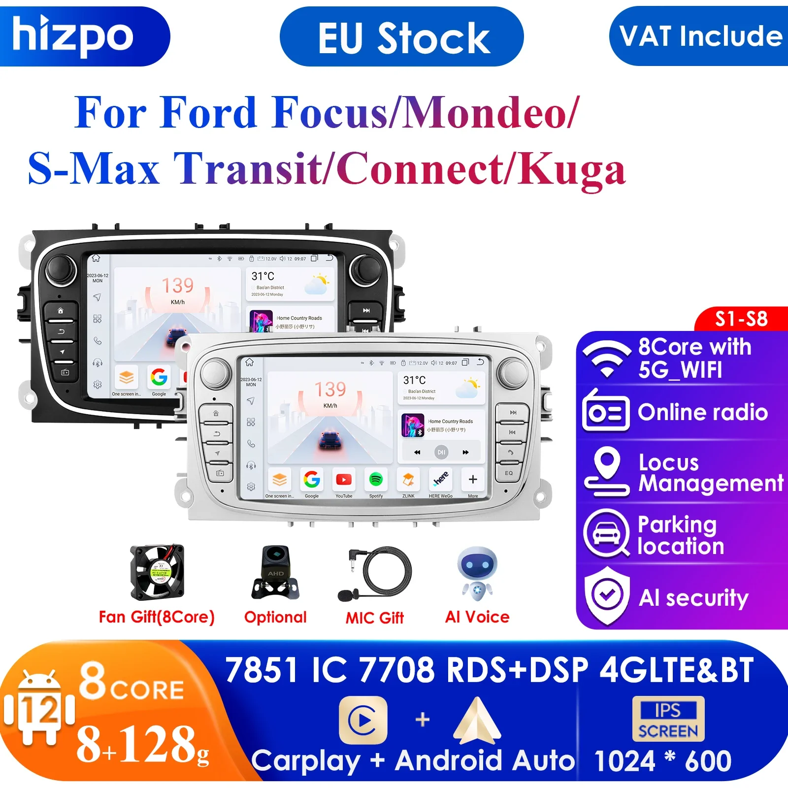 4G Android 12 2Din Radio Car Multimedia Player 2 Din 7 Inch Autoradio for Ford Focus S-Max Mondeo Galaxy C-Max Kuga Navi GPS RDS