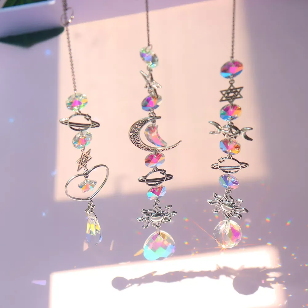 

Crystal Wind Chime Moon Sun Catcher Diamond Prisms Pendant Dream Catcher Rainbow Chaser Hanging Drop Home Garden Decor Windchime