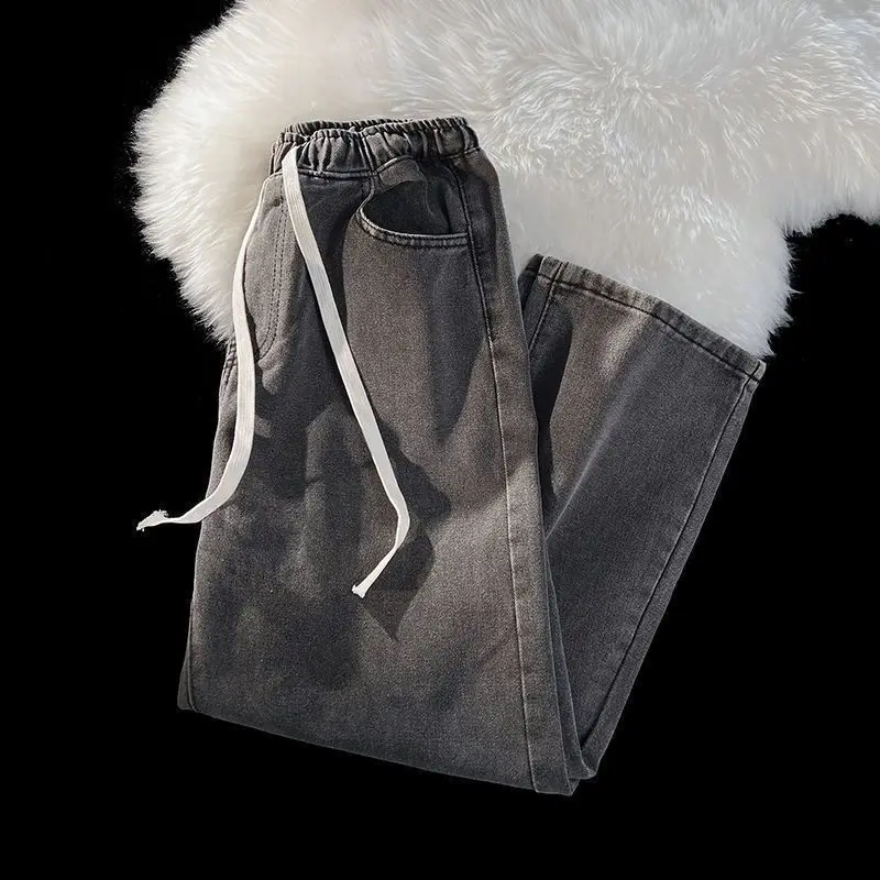 Winter KPOP Fashion Style Harajuku Slim Fit Thick Jeans Wide-leg Straight Cylinder Trousers Loose Solid Pockets All Match Pants