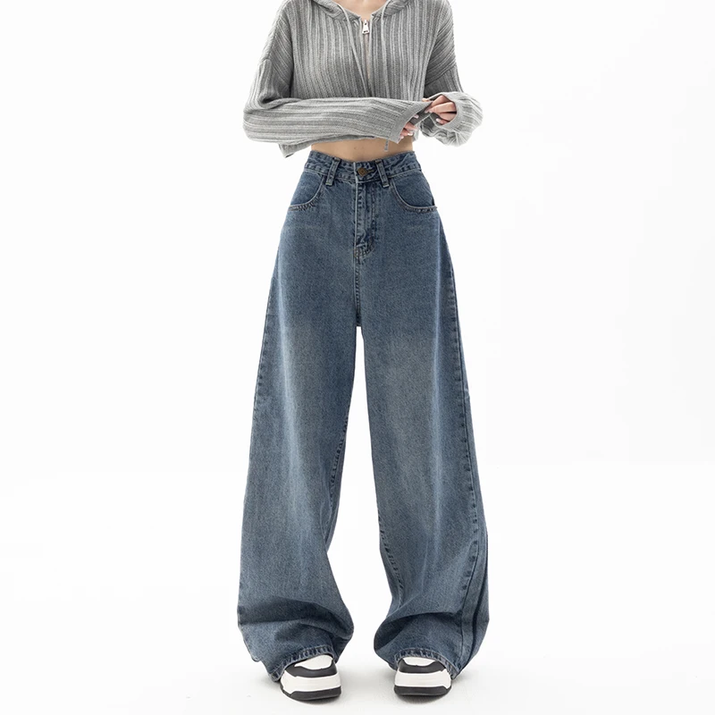 Autumn and Winter New Classic Blue Jeans Women's Straight Loose Wide-Leg Pants Retro Minority Hemming Embroidery
