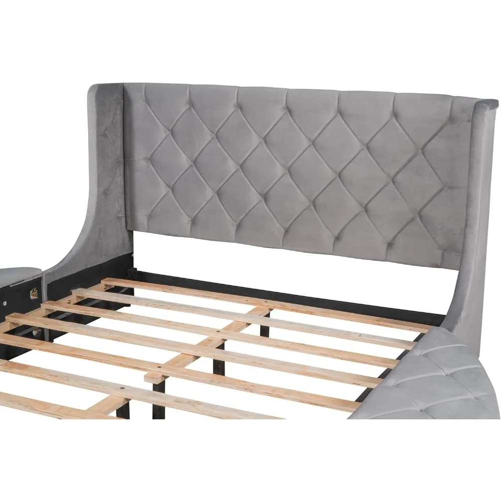 Queen Size Velvet Platform Bed Frame Storage,Upholstered Tufted Bed Frame Wingback Headboard1Big Drawer and2Side Storage Stool 5