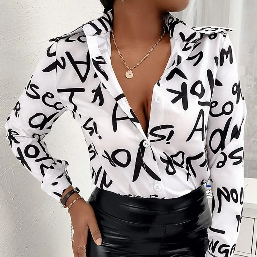 

Elegant Women Shirt Fashionable Geometric Leopard Print Lapel Long Sleeve Single-Breasted Office Lady Shirt Top Blouse blusas