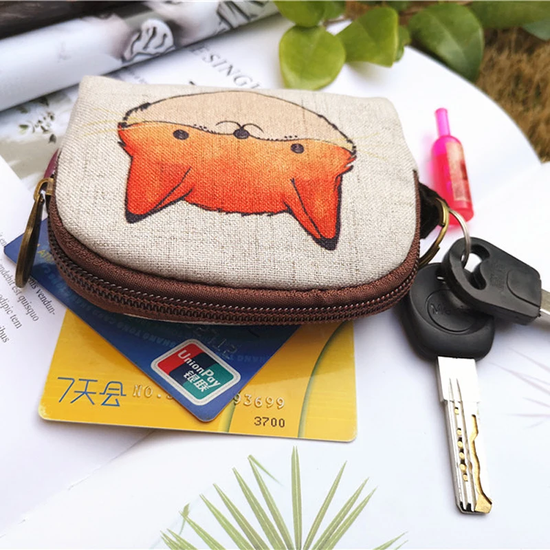 Cute Animal Canvas Coin Purse Short Shell Wallet Women Key Card Bag Kids Cartoon Lionmouse Fox Bear Dinosaur Small Change Purses