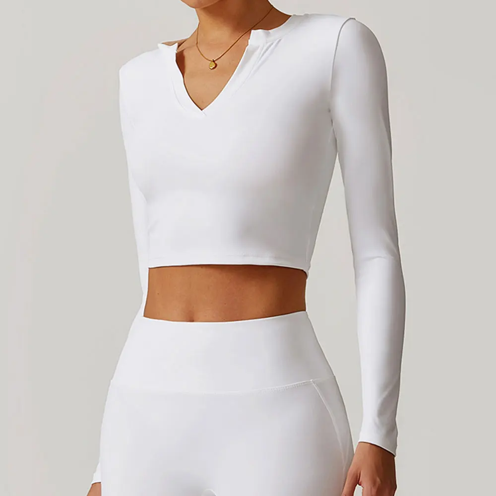 V-neck Jacket Women Clothes Crop Tops Yoga T-shirts Solid Sports Top Long Sleeve Running Shirts Quick Dry Fitness Gym Sport Wear