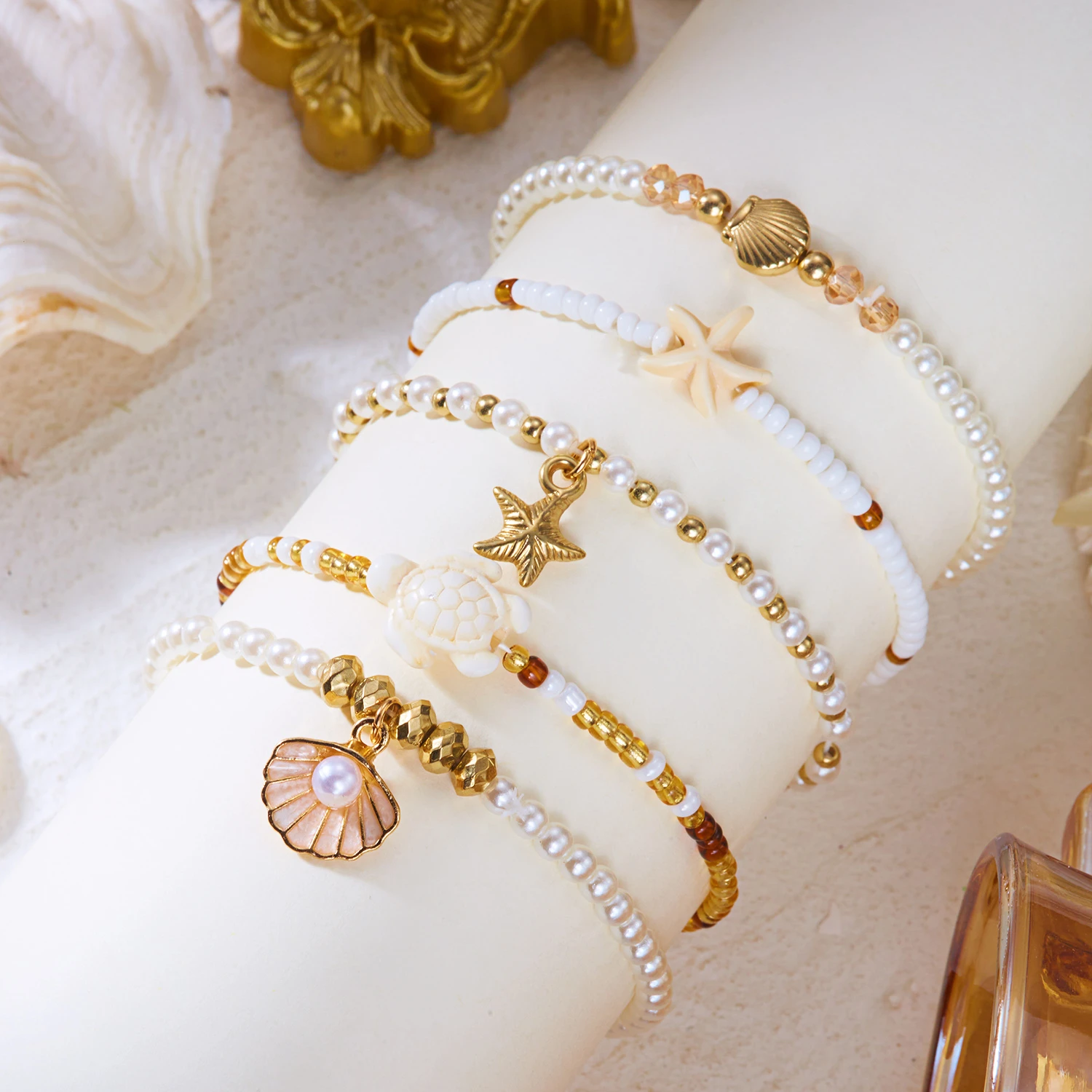 5 Stück handgefertigte Reisperlen Sea ​ ​ Schildkröten-Armbänder-Set für Damen, Sommerliche Boho-Muschel-Seestern-Armbänder, Täglicher Schmuck – Detail 4