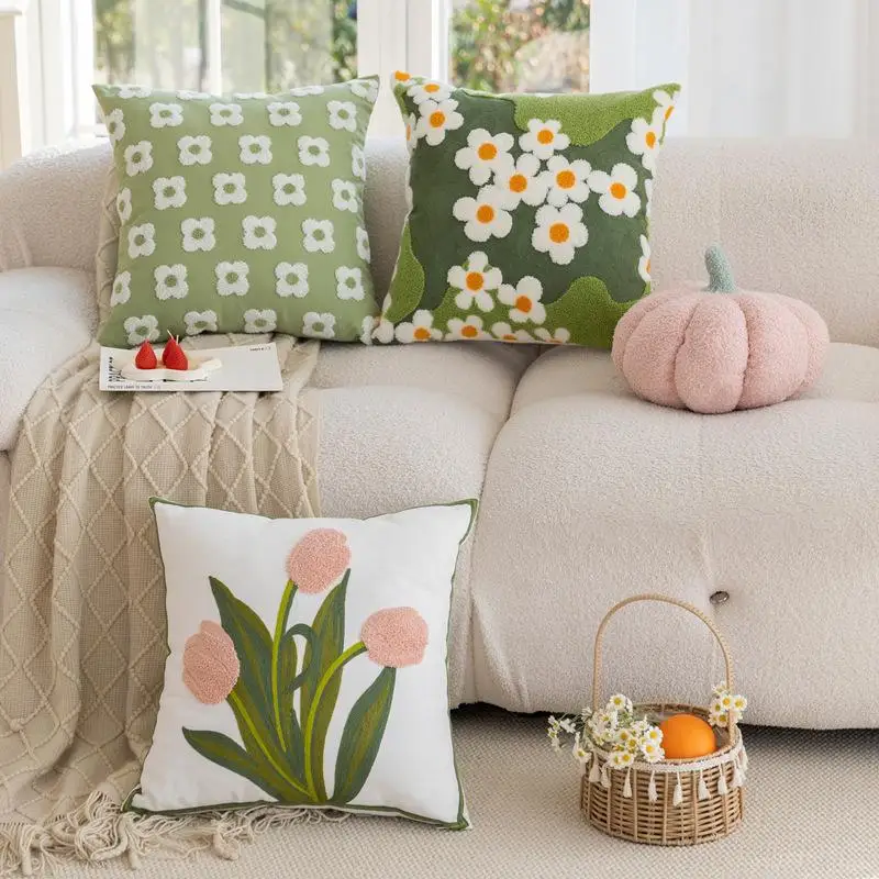 Frühlingshafte bestickte grüne Blumen-Kissenhülle – Cojines Pastoral Dekoration Sofa Quadratische Kissenbezüge Kopfteil-Kissenhüllen – Detail 2