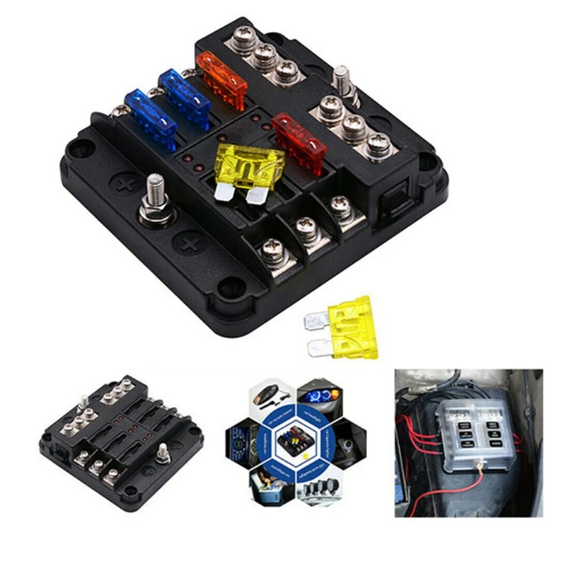 6 Way Waterproof Fuse Block,With LED Indicator Accessory Part Kit With Negative Marine Fuse Box For Dc12-24V Car Boat RV Truck