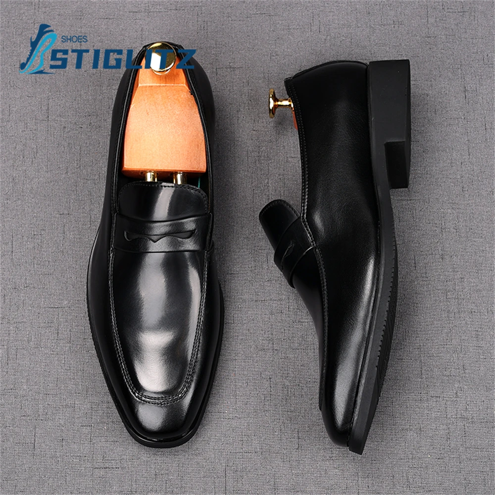 Men's Business Formal Wear Shoes Solid Genuine Leather Loafers Round Toe Slip On Shallow Loafers Wedding Suit Shoes for Men New