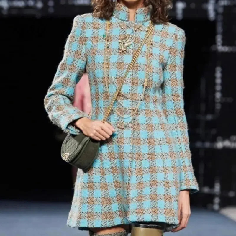 

2024 Runway Designer Autumn and Winter New Fashion Pink Plaid Woolen Coat Women Slim Fit Long Sleeve Splice Mid Length Jacket