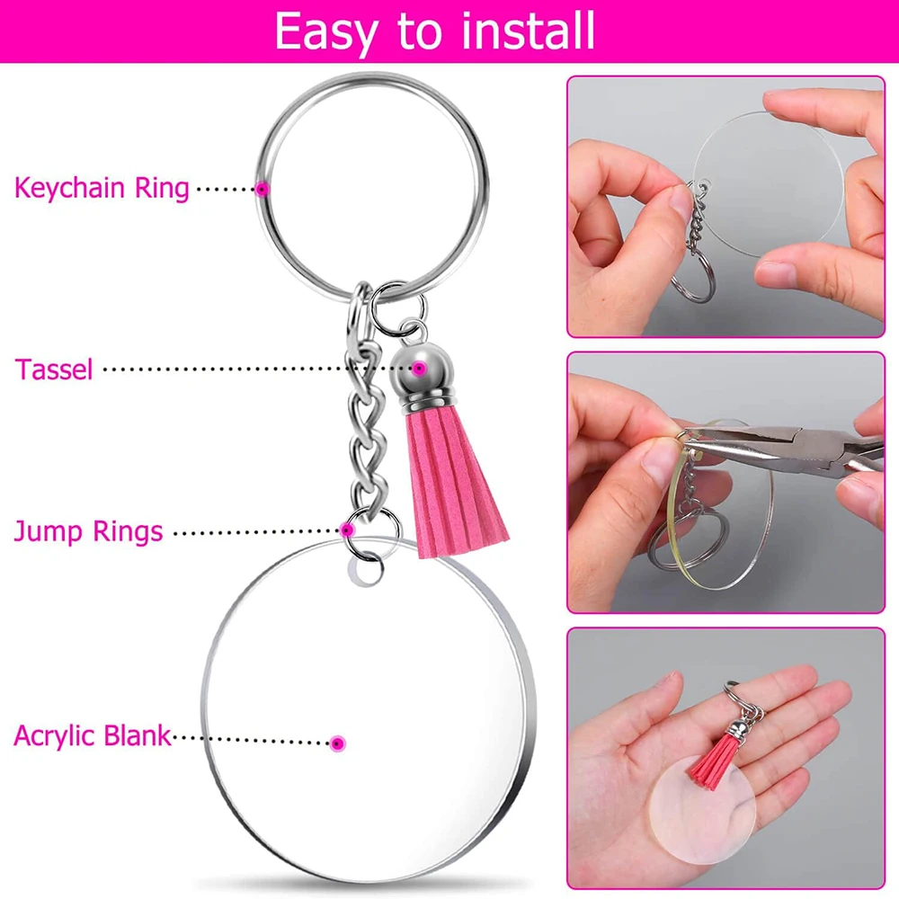 Acrylic Clear Circle Keychain Crafting Set with Tassel Pendants and Jump Rings - 40 Pieces