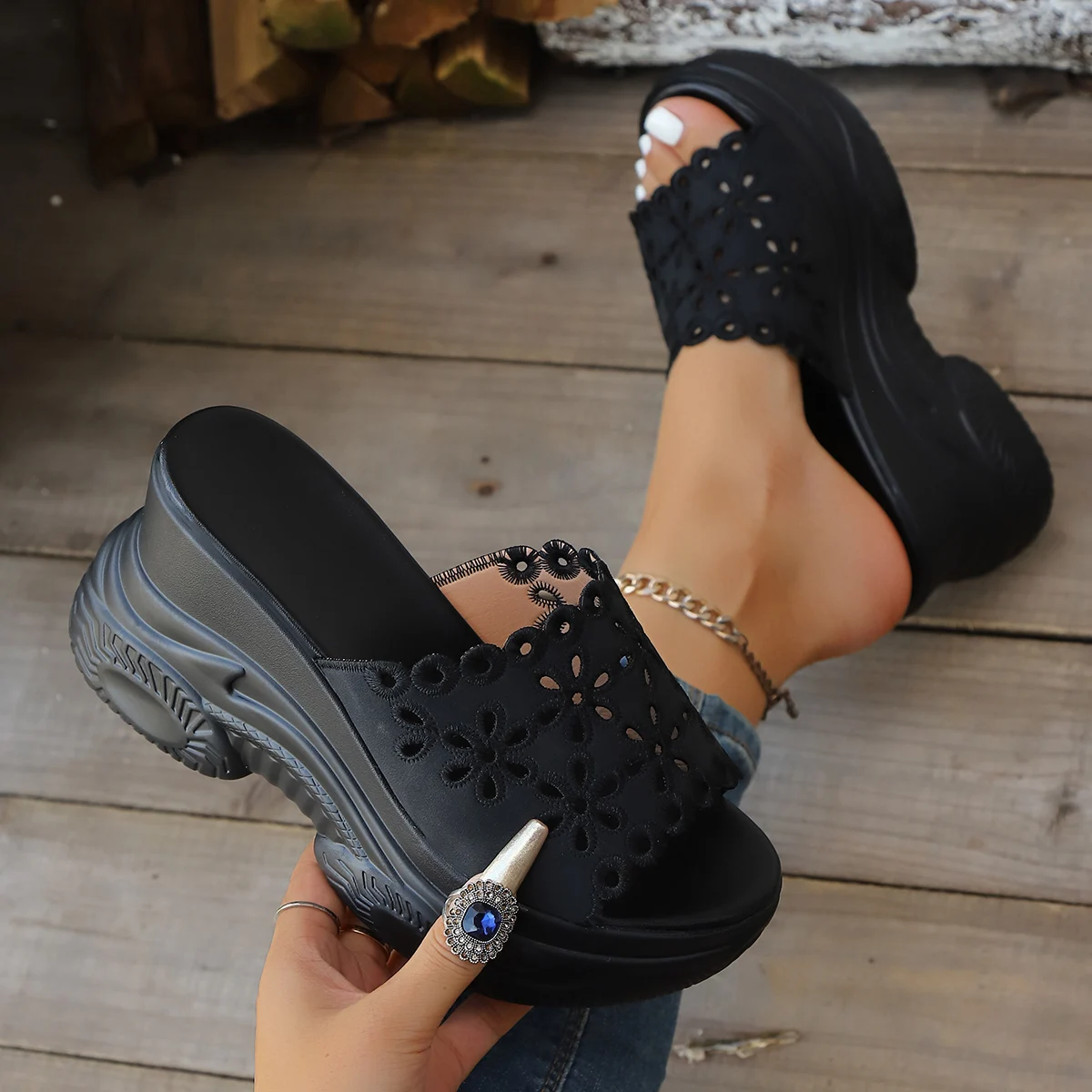 Aphixta Black Wedge Slides 3.54inch Super High Heels Platform Woman Outside Slippers Soft Hollow-out Flower Summer Wedge Shoes