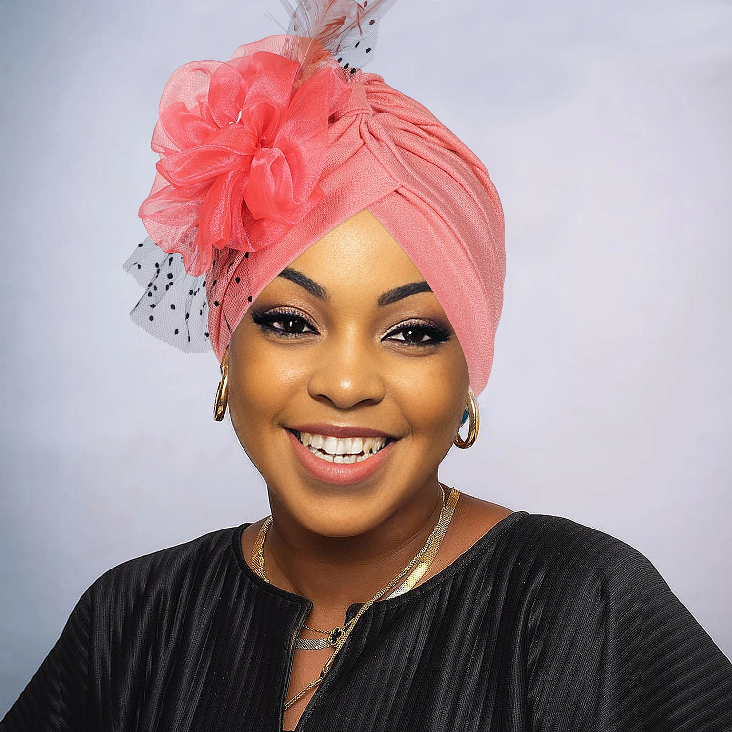 Ladies turbans pure color big flower mesh style accessible luxury wedding important occasions wear forehead cross fashion turban hatAfrican Zahra Cap 3
