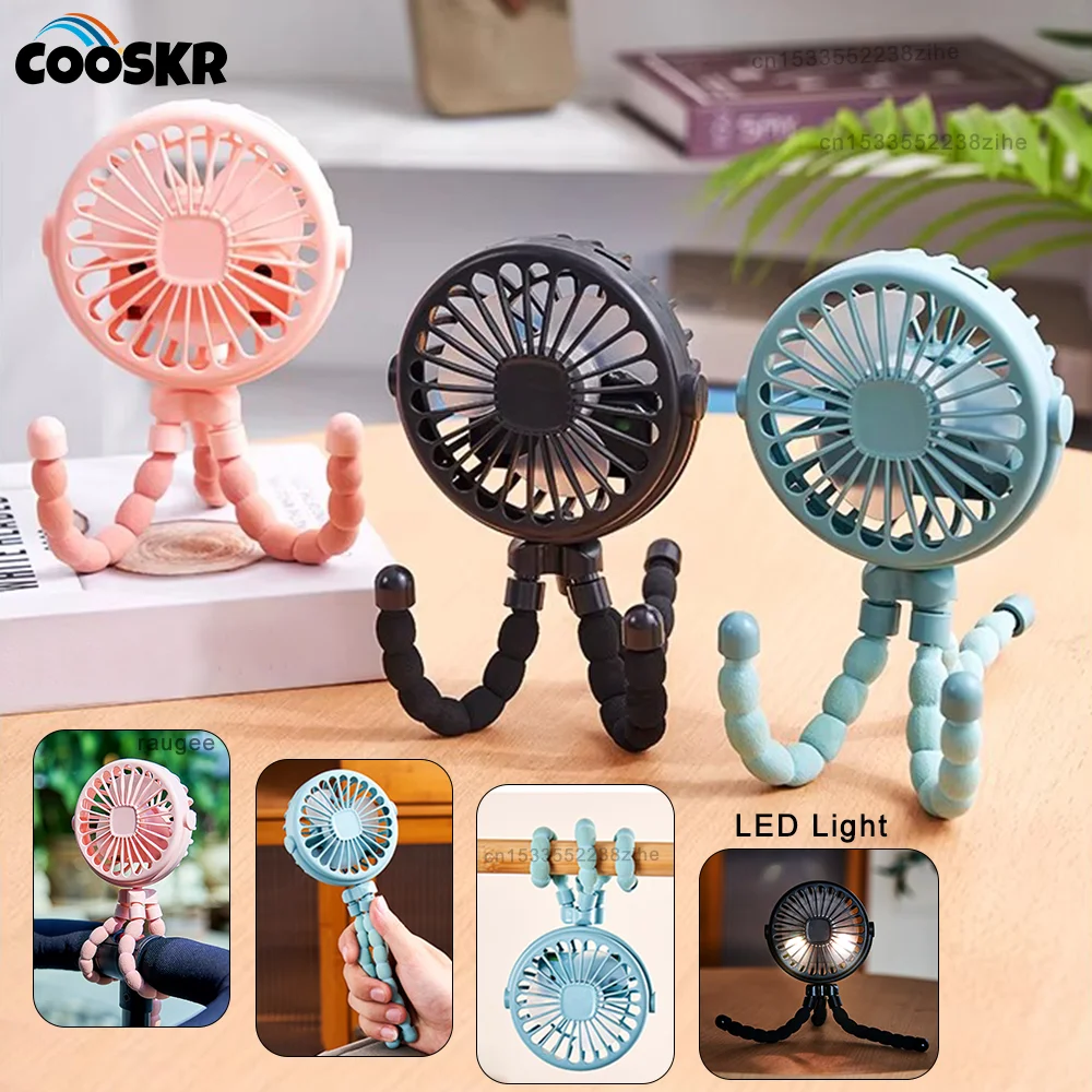 Compact 360° Rotating Clip-On Fan with Flexible Tripod and LED Light - USB Rechargeable