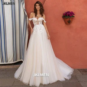 Boho Tulle A-line Wedding Dress Illusion Zipper Back Off The Shoulder Lace Appliques Beach Bridal Gown Abito Da Sposa