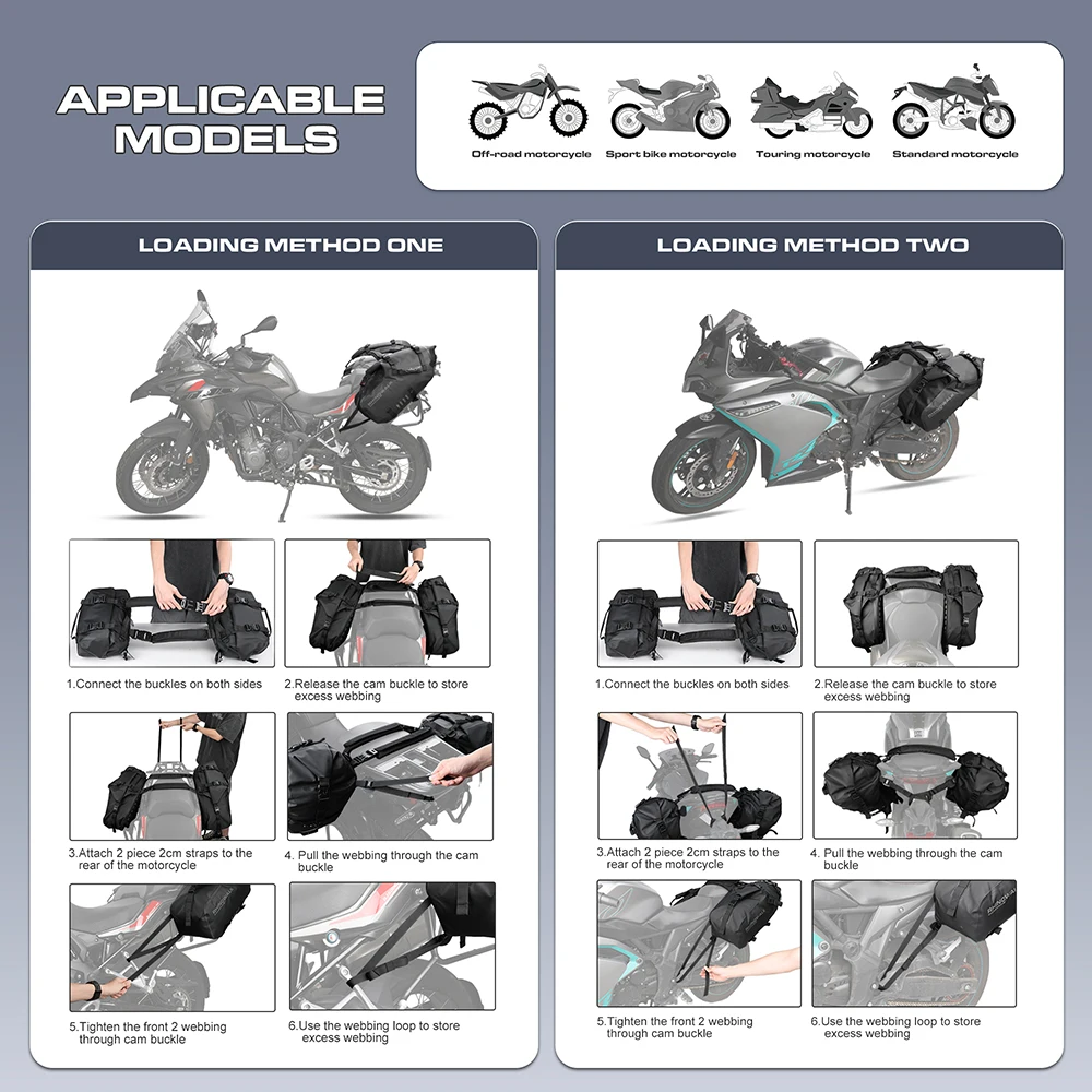 Rhinoworld – sac de moto 28L étanche 2 pièces, sacoche de moto universel, sacs de selle, rangement latéral, fourche, bagages de voyage