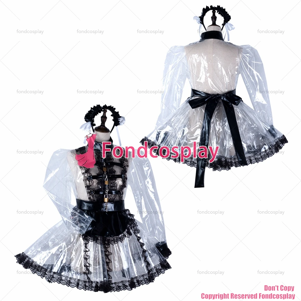 

Сексуальная одежда для взрослых fondcosplay с пересекающимися блестками, короткое Прозрачное платье из ПВХ, Запираемая униформа, черный фартук, костюм, индивидуальный пошив [G2295]