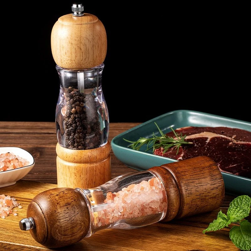 Haomacro Salt and Pepper Grinder Set, Wood Pepper Mills,Wooden Salt  Grinders Refillable Manual Pepper Ginder with Acrylic Visible  Window,Ceramic