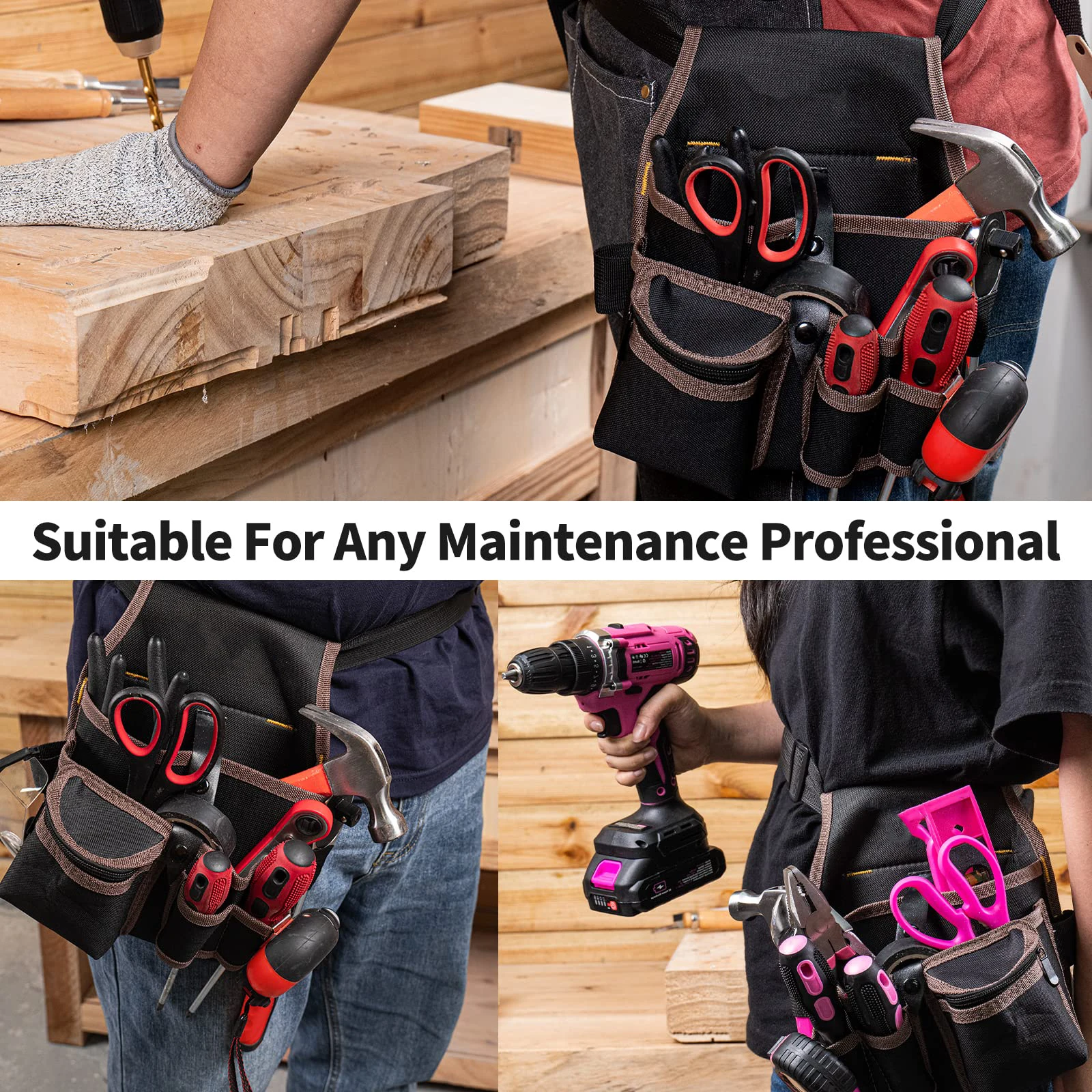 8 Pockets Tool Pouch Bag, Utility Zipper Pouch with Adjustable Waist Belt for Electrician, Carpenter, Construction, Contractor