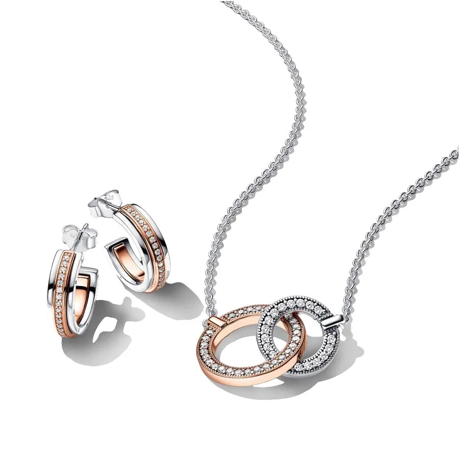 

IN STOCK 925 Sterling Silver Signature Two tone Intertwined Circles Necklace and Earring Jewelry Set for Women's Birthday Gift