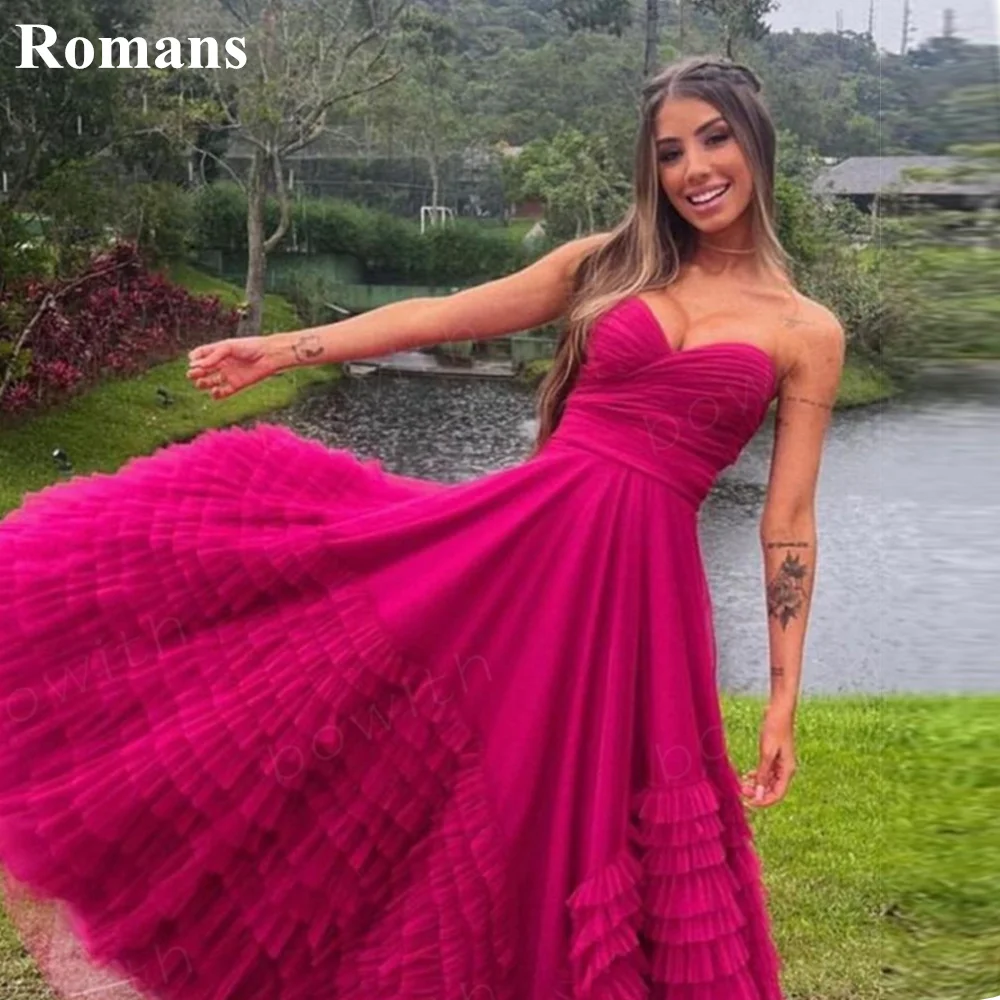 

Romans Rose Red Sweetheart A-line Evening Dress Pleat Tiered Sleeveless vestidos de fiesta elegantes para mujer robes de soirée
