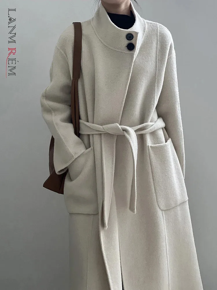 

[LANMREM] 100% Wool Lace-up Outwear For Women Solid Stand Neck Long Sleeve Cardigan Warm Coats Fashion 2023 Winter New 26D6460