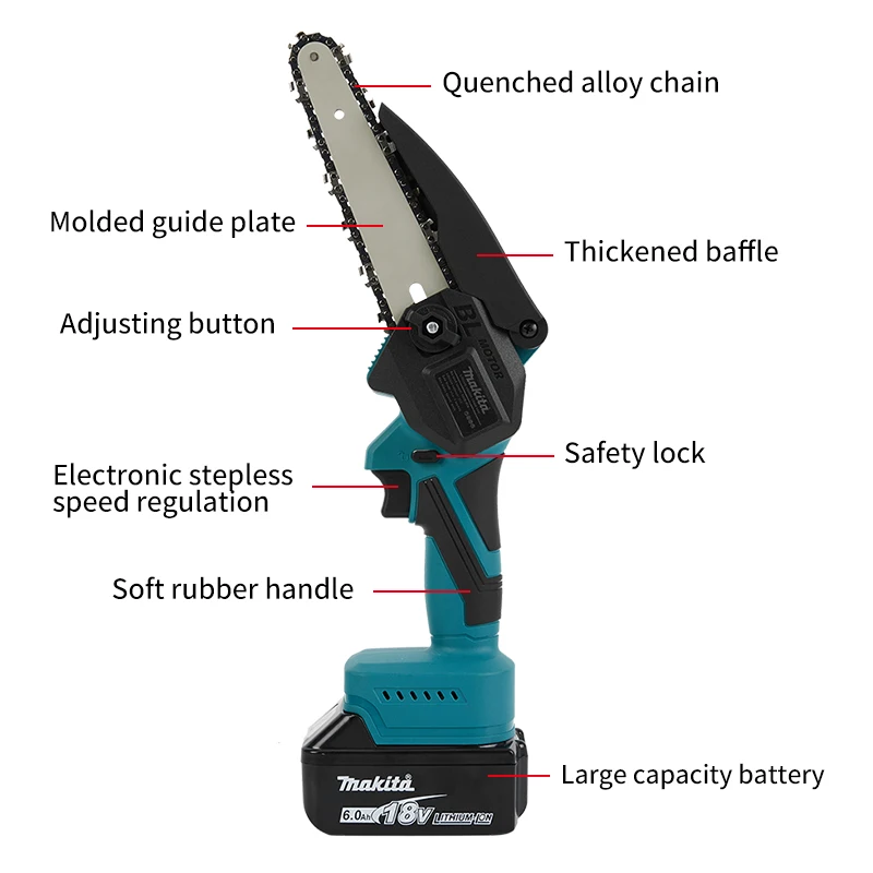 Makita rechargeable high-power lithium battery logging saw, household small handheld electric chain saw, multifunctional outdoor 6