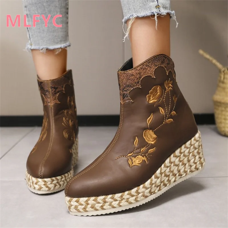 Slope Heel Thick Sole Round Head High Heel Short Boots Back Zipper Women's Simple Retro Flat Bottom Boots Brown Platform Shoes