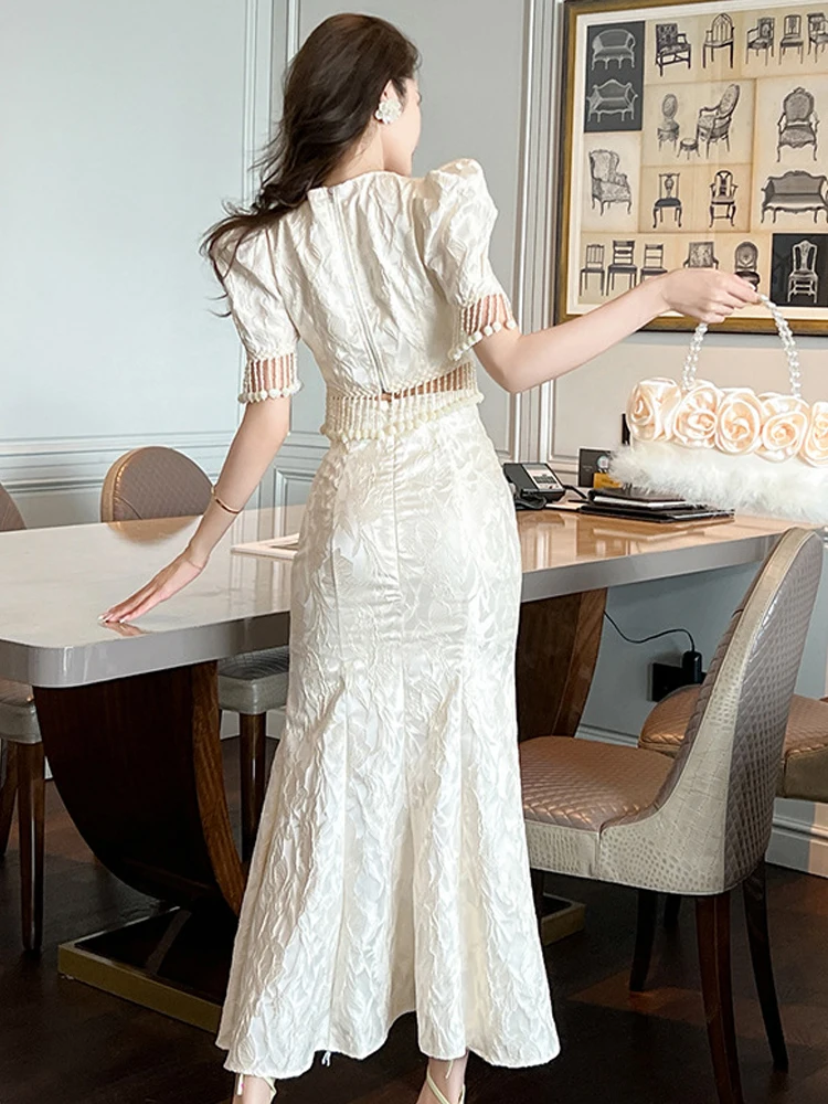 New Jacquard Satin Summer White 2 Piece Outfit Women Short Tassel