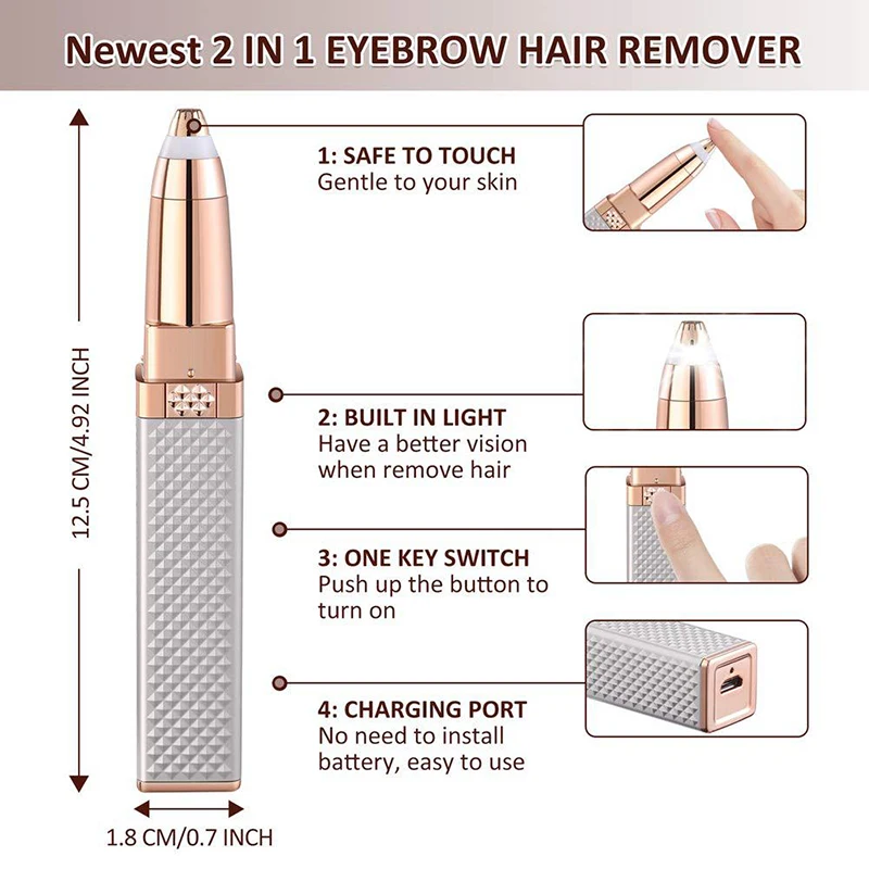 Women's Electric Eyebrow Trimmer Rechargeable Hair Removal Shaving Lip Bikini Lady Shaver Remover Body Facial Nose Epilator 2