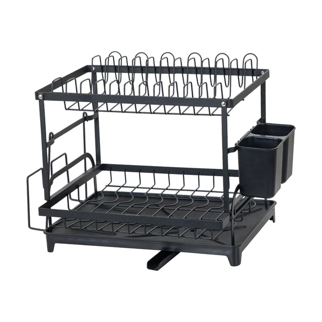 2 Tier Black Metal Foldable Dish Rack with Removable Drip Tray in 2023