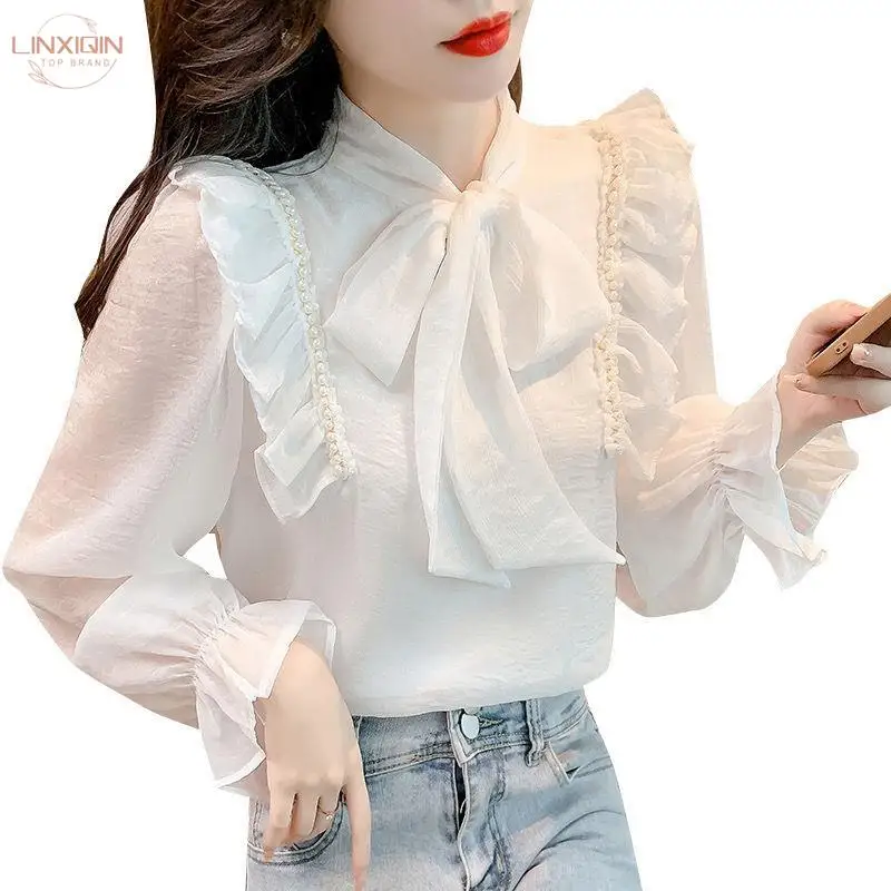 

Women Mesh Sheer Blouse See-through Long Sleeve Top Shirt Blouse Fashion Lace-up Bowknot Transparent White Shirt Female Blusas