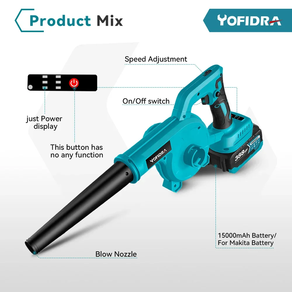 Yofidra Brushless Electric Blower 6 Gears Cordless Efficient Leaf Snow Dust Blowing Cleaning Power Tools For Makita 18V Battery