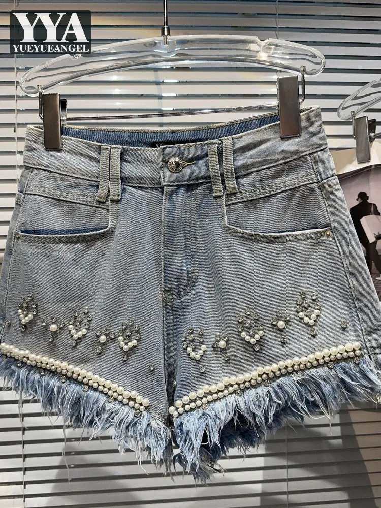 

Summer New Women Sexy Denim Shorts Diamonds Pearls Beaded Tassels Jeans Female Casual Streetwear Vintage Washed Flare Hot Shorts