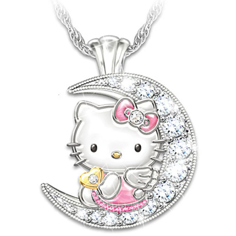 

Sanrio Cartoon Characters Moon Hello Kitty Kawaii KT Cat Pendant Alloy Necklace Accessories Model Toy Kids Gifts