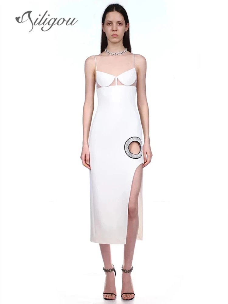 

Ailigou 2022 New White Women's Sling V-Neck Diamond Cutout Side Opening Sexy Skinny Stretch Bandage Dress Celebrity Party Dress