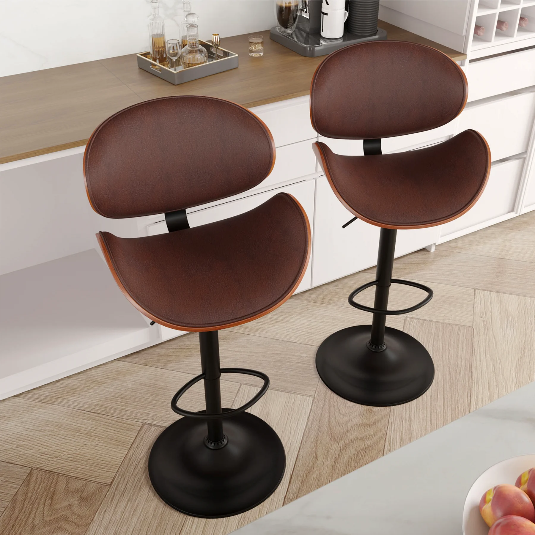 Rotating Bar Stool 2-Piece Set with Backrest and Footstool, Pu Leather Cushion Counter Height Bar Chair for Kitchen and Restaurant