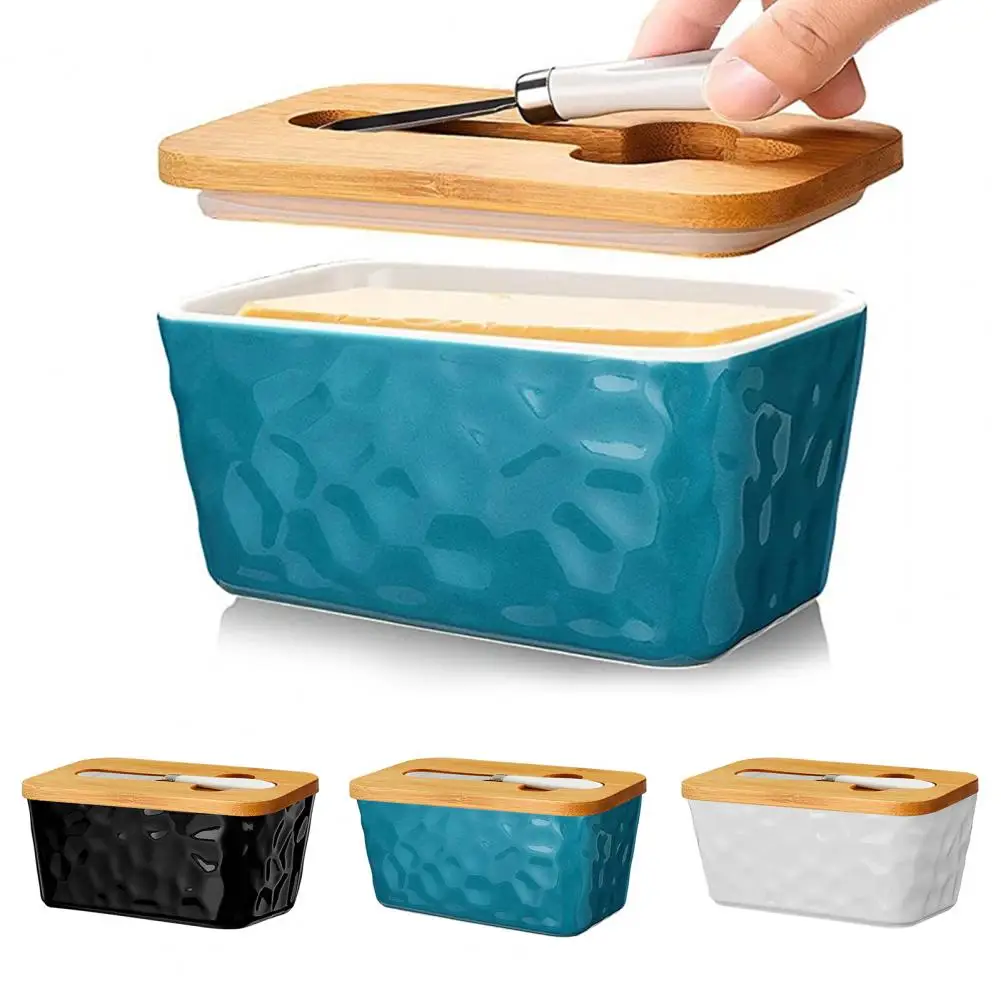 Fridge Butter Container Easy to Clean Butter Dish Elegant Ceramics Dish with Wooden Lid Stainless Steel for Kitchen