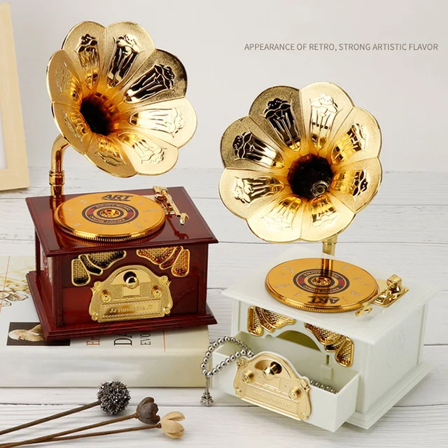 Vintage Gramofon Fiók Zenei Doboz Otthoni Dekorációhoz Esküvői Születésnapi Ajándék Figurák Ékszer Kézi Körhinta - Image 5